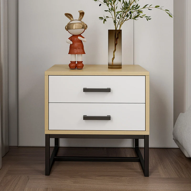 Modern Minimalist Engineered Wood Metal Square Nightstand With 2 Drawers For Bedroom