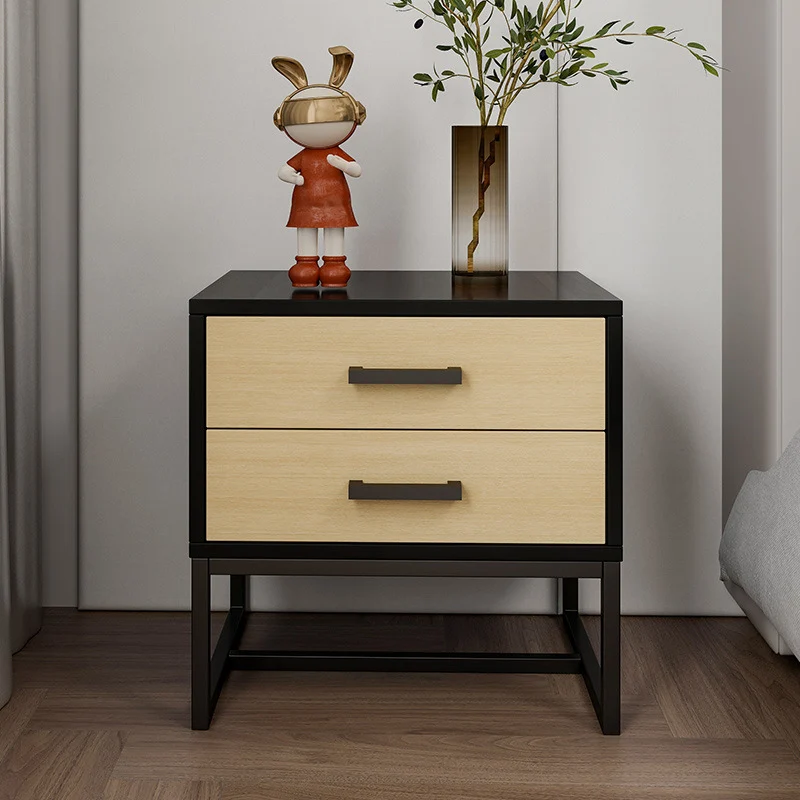 Modern Minimalist Engineered Wood Metal Square Nightstand With 2 Drawers For Bedroom