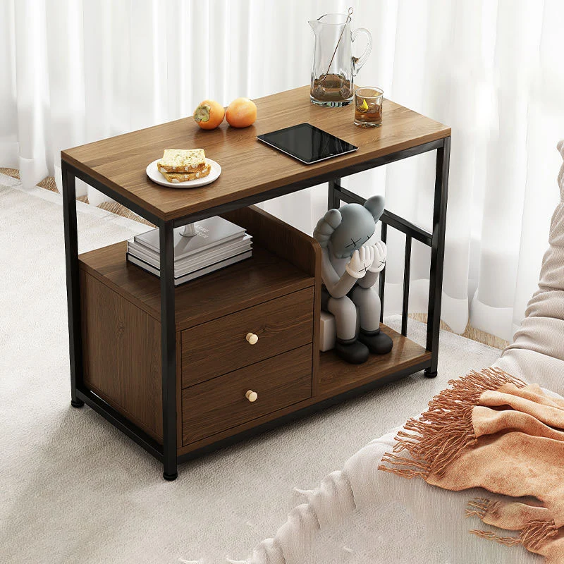 Contemporary Scandinavian Wood Steel Rounded Rectangle Side Table With 3 Tiers For Living Room
