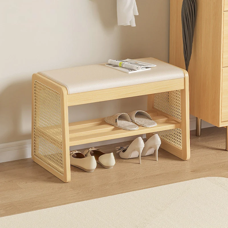 Traditional Vintage PU Leather Solid Wood Trapezoid Footstool Bench With 1 Shelf For Living Room