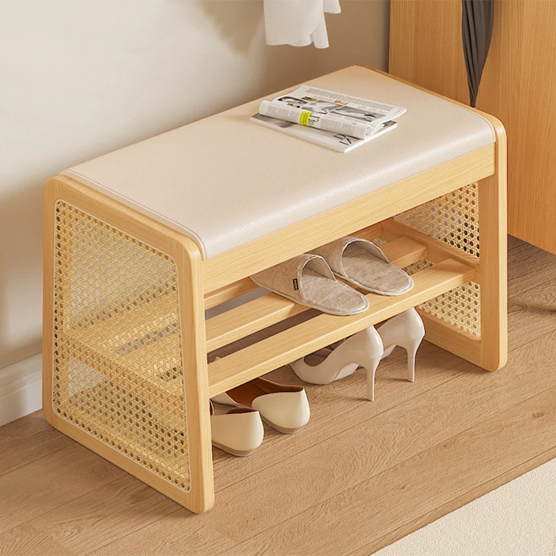 Traditional Vintage PU Leather Solid Wood Trapezoid Footstool Bench With 1 Shelf For Living Room