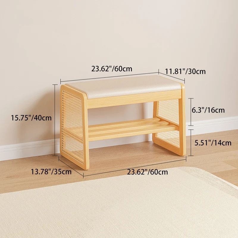 Traditional Vintage PU Leather Solid Wood Trapezoid Footstool Bench With 1 Shelf For Living Room