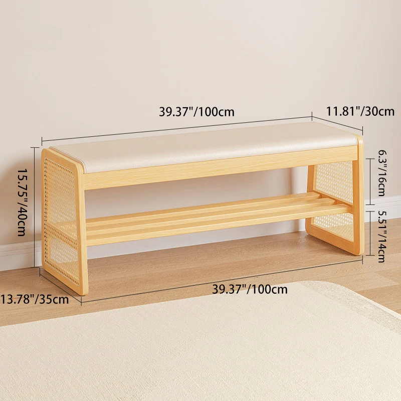 Traditional Vintage PU Leather Solid Wood Trapezoid Footstool Bench With 1 Shelf For Living Room