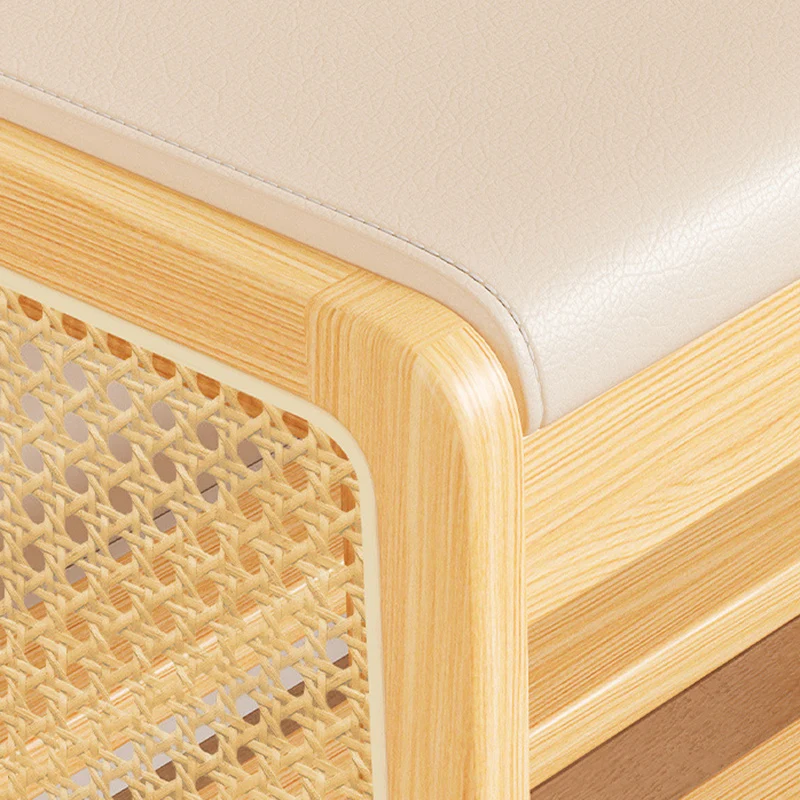 Traditional Vintage PU Leather Solid Wood Trapezoid Footstool Bench With 1 Shelf For Living Room