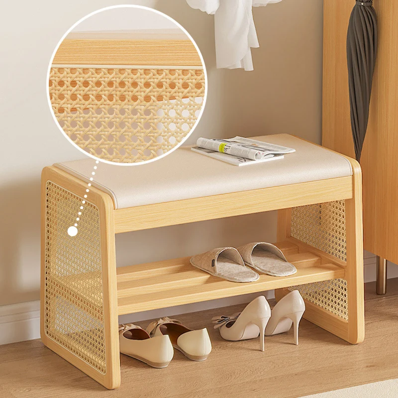 Traditional Vintage PU Leather Solid Wood Trapezoid Footstool Bench With 1 Shelf For Living Room