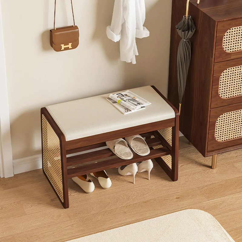 Traditional Vintage PU Leather Solid Wood Trapezoid Footstool Bench With 1 Shelf For Living Room