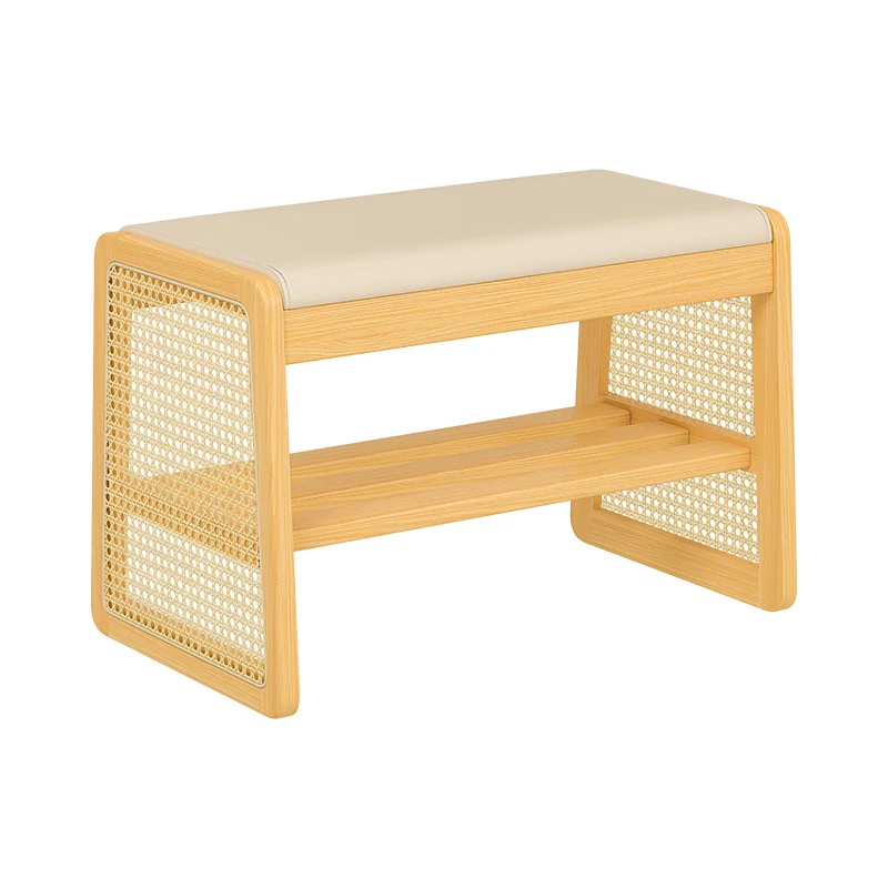 Traditional Vintage PU Leather Solid Wood Trapezoid Footstool Bench With 1 Shelf For Living Room