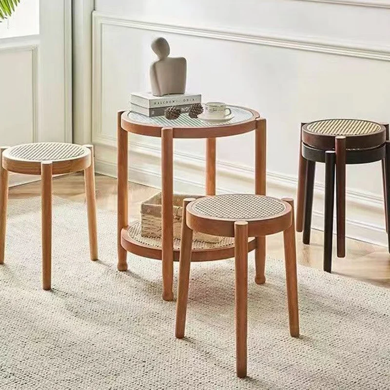 Contemporary Scandinavian Rattan Rubber Wood Round Low Stool For Living Room