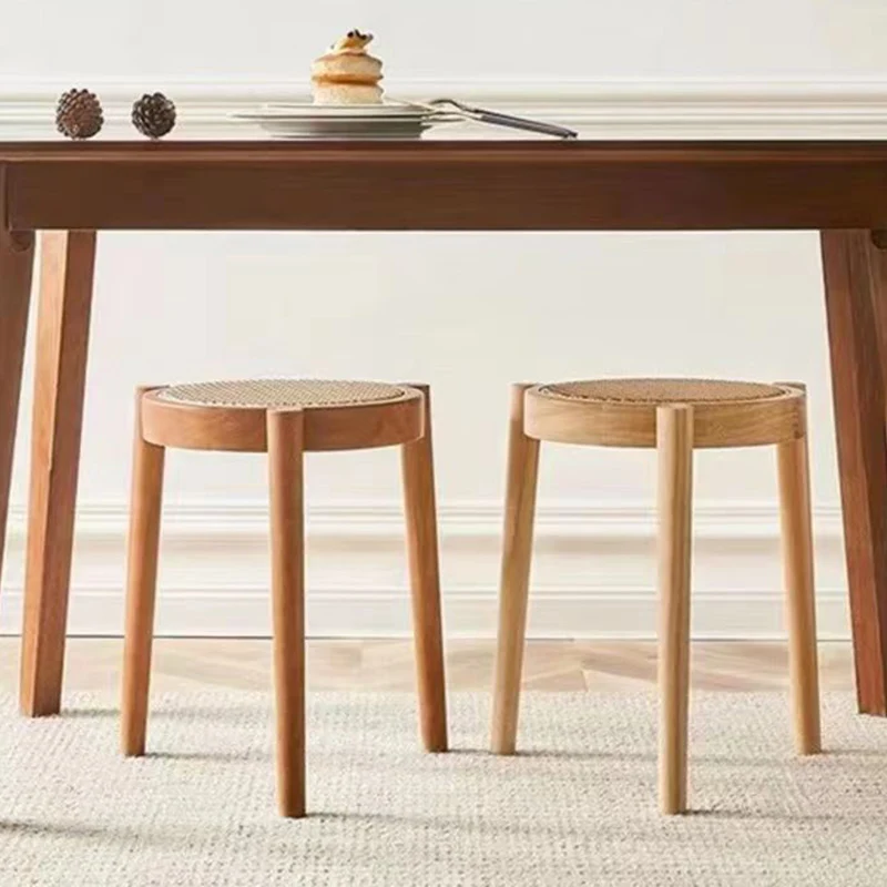 Contemporary Scandinavian Rattan Rubber Wood Round Low Stool For Living Room