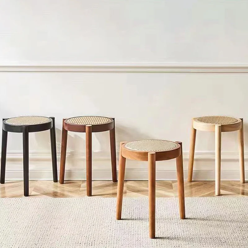 Contemporary Scandinavian Rattan Rubber Wood Round Low Stool For Living Room