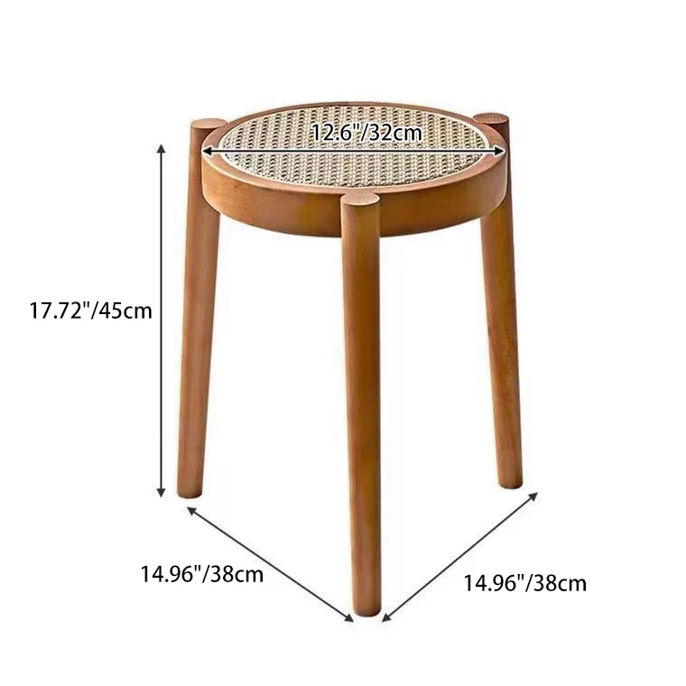 Contemporary Scandinavian Rattan Rubber Wood Round Low Stool For Living Room