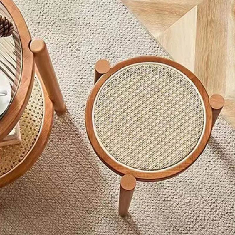 Contemporary Scandinavian Rattan Rubber Wood Round Low Stool For Living Room