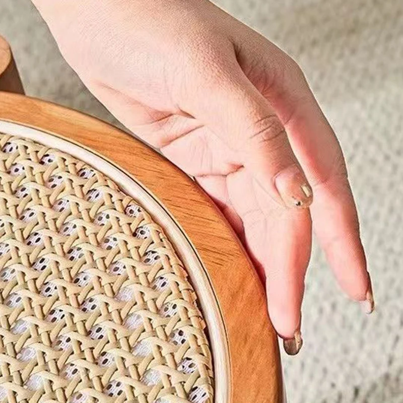Contemporary Scandinavian Rattan Rubber Wood Round Low Stool For Living Room