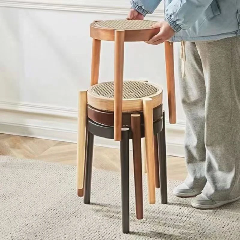Contemporary Scandinavian Rattan Rubber Wood Round Low Stool For Living Room