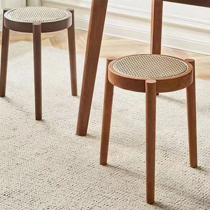 Contemporary Scandinavian Rattan Rubber Wood Round Low Stool For Living Room