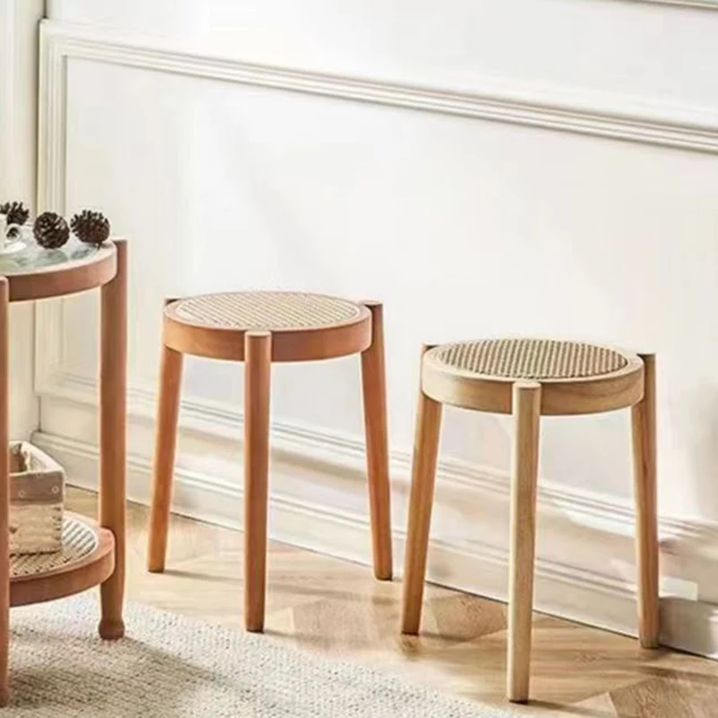 Contemporary Scandinavian Rattan Rubber Wood Round Low Stool For Living Room