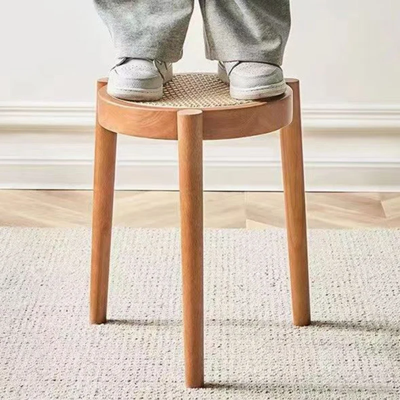 Contemporary Scandinavian Rattan Rubber Wood Round Low Stool For Living Room