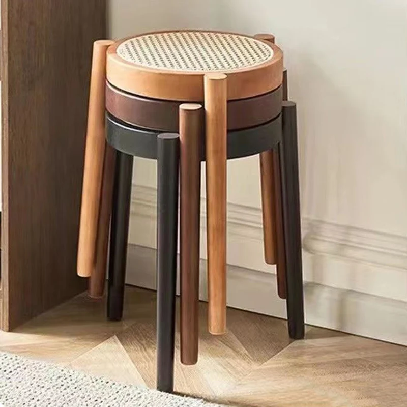 Contemporary Scandinavian Rattan Rubber Wood Round Low Stool For Living Room