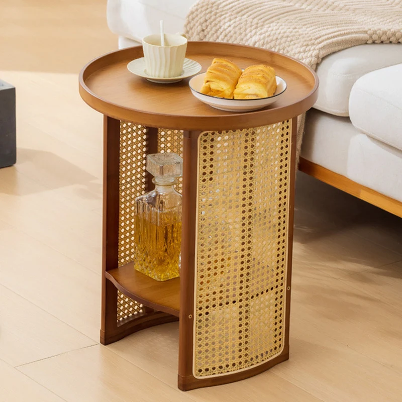 Traditional Japanese Rattan Bamboo Round Hollow End Table With 2-Tier For Living Room
