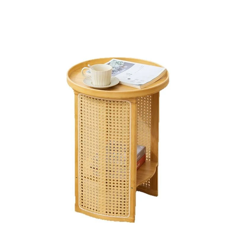 Traditional Japanese Rattan Bamboo Round Hollow End Table With 2-Tier For Living Room