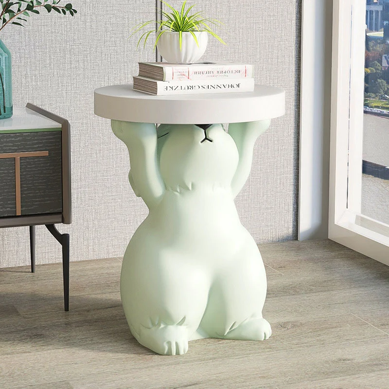 Modern Art Deco Fiberglass Resin Rabbit Round End Table 1-Tier For Living Room