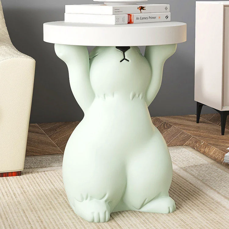 Modern Art Deco Fiberglass Resin Rabbit Round End Table 1-Tier For Living Room