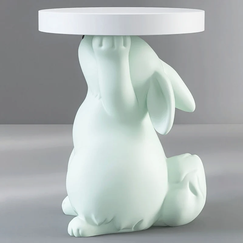Modern Art Deco Fiberglass Resin Rabbit Round End Table 1-Tier For Living Room