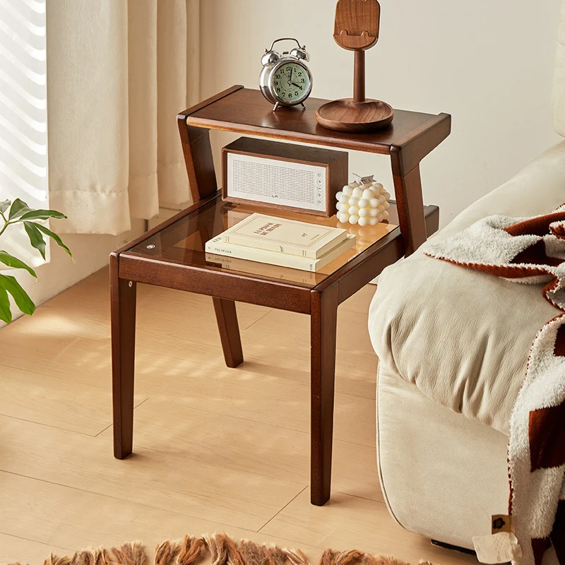 Traditional Japanese Square Glass Rubberwood Side Table 2-Tier For Living Room