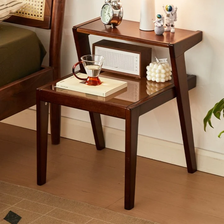 Traditional Japanese Square Glass Rubberwood Side Table 2-Tier For Living Room