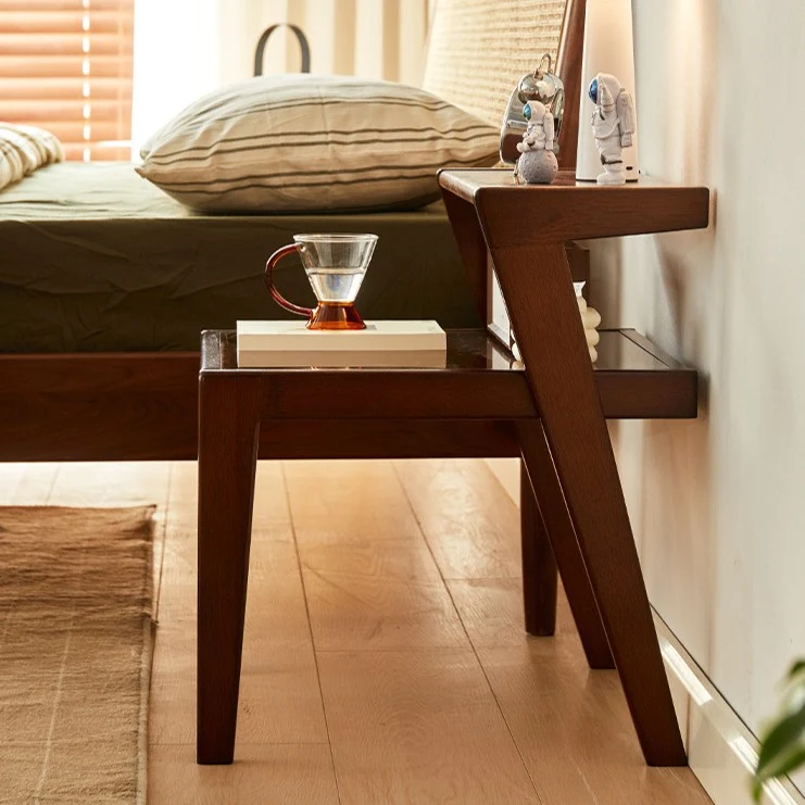 Traditional Japanese Square Glass Rubberwood Side Table 2-Tier For Living Room