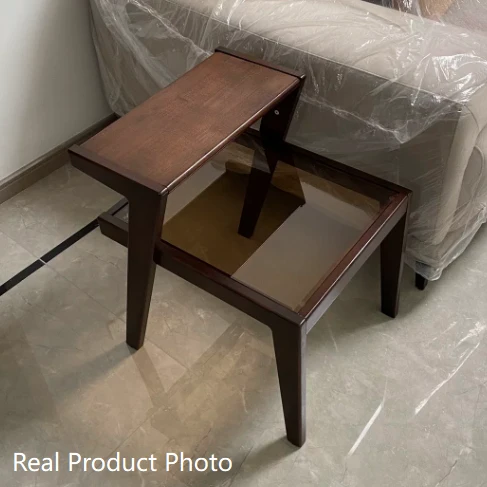 Traditional Japanese Square Glass Rubberwood Side Table 2-Tier For Living Room