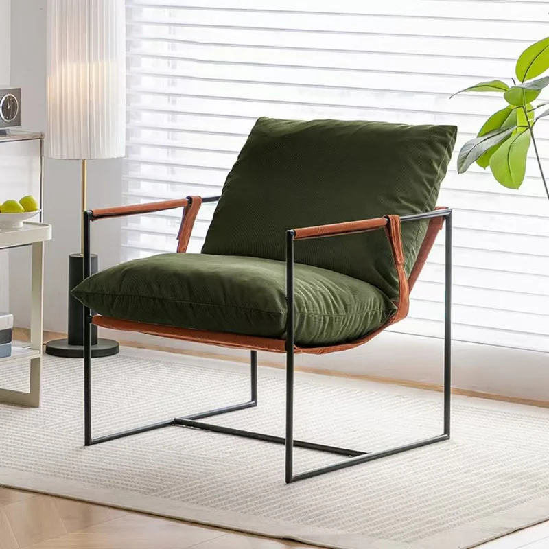 Contemporary Luxury Saddle-Style Faux Leather Velvet Metal Accent Chair Backrest Armrest For Living Room