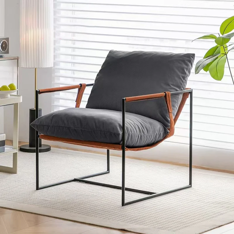 Contemporary Luxury Saddle-Style Faux Leather Velvet Metal Accent Chair Backrest Armrest For Living Room