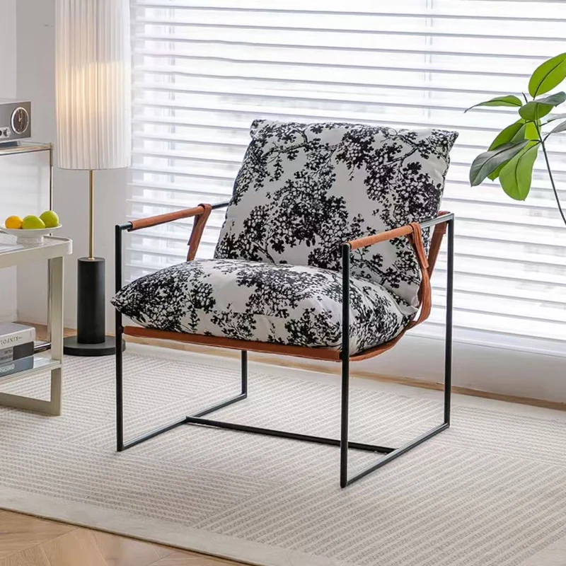 Contemporary Luxury Saddle-Style Faux Leather Velvet Metal Accent Chair Backrest Armrest For Living Room