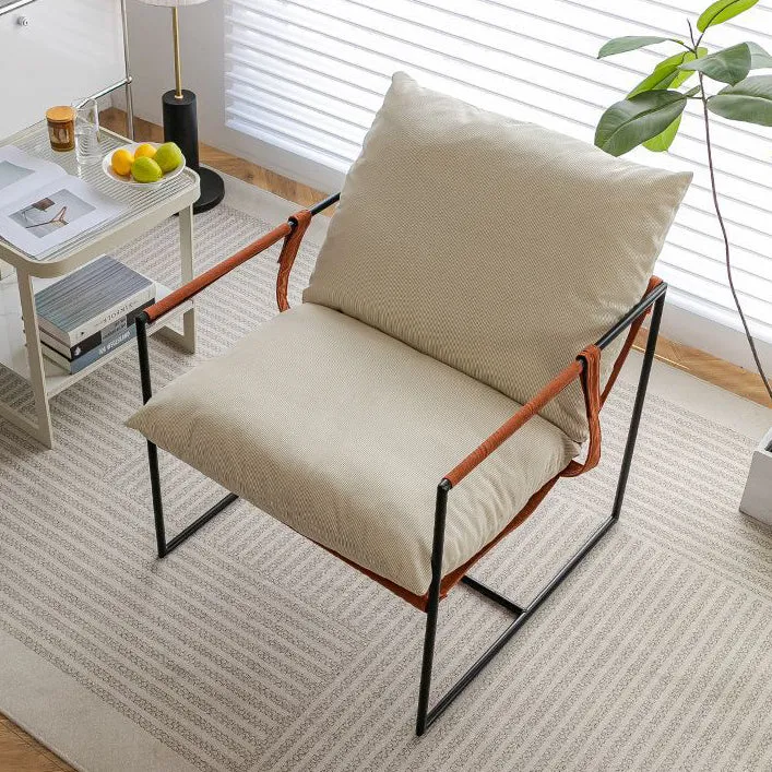 Contemporary Luxury Saddle-Style Faux Leather Velvet Metal Accent Chair Backrest Armrest For Living Room