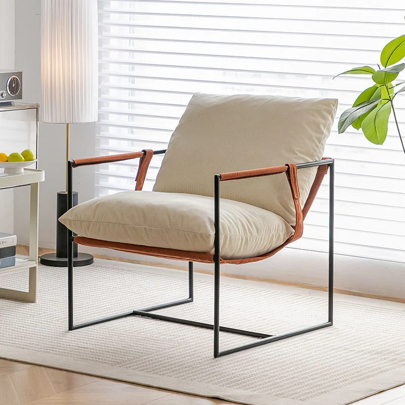 Contemporary Luxury Saddle-Style Faux Leather Velvet Metal Accent Chair Backrest Armrest For Living Room