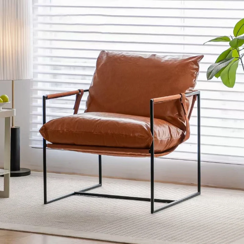 Contemporary Luxury Saddle-Style Faux Leather Velvet Metal Accent Chair Backrest Armrest For Living Room