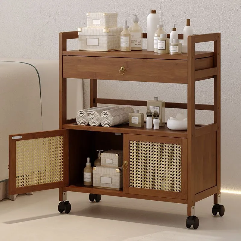 Traditional Chinese Nan Bamboo Fiberwood Rectangular Side Table 2-Tier Storage Cabinet & Drawer Rolling Cart For Living Room