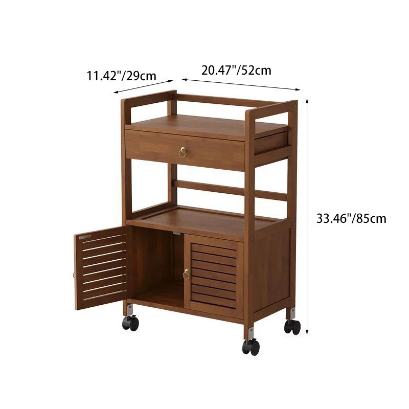 Traditional Chinese Nan Bamboo Fiberwood Rectangular Side Table 2-Tier Storage Cabinet & Drawer Rolling Cart For Living Room