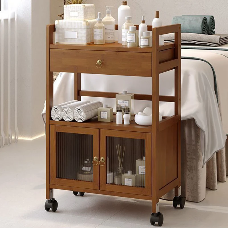 Traditional Chinese Nan Bamboo Fiberwood Rectangular Side Table 2-Tier Storage Cabinet & Drawer Rolling Cart For Living Room