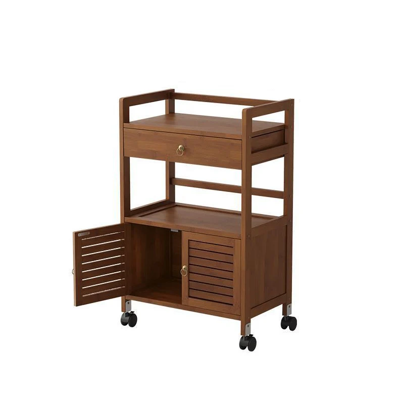 Traditional Chinese Nan Bamboo Fiberwood Rectangular Side Table 2-Tier Storage Cabinet & Drawer Rolling Cart For Living Room