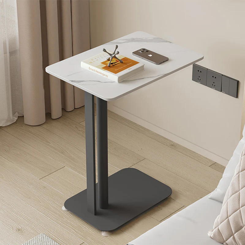 Contemporary Nordic Sintered Stone Marble Texture Rectangular Top Carbon Steel Side Table With Wheels 2-Tier For Living Room