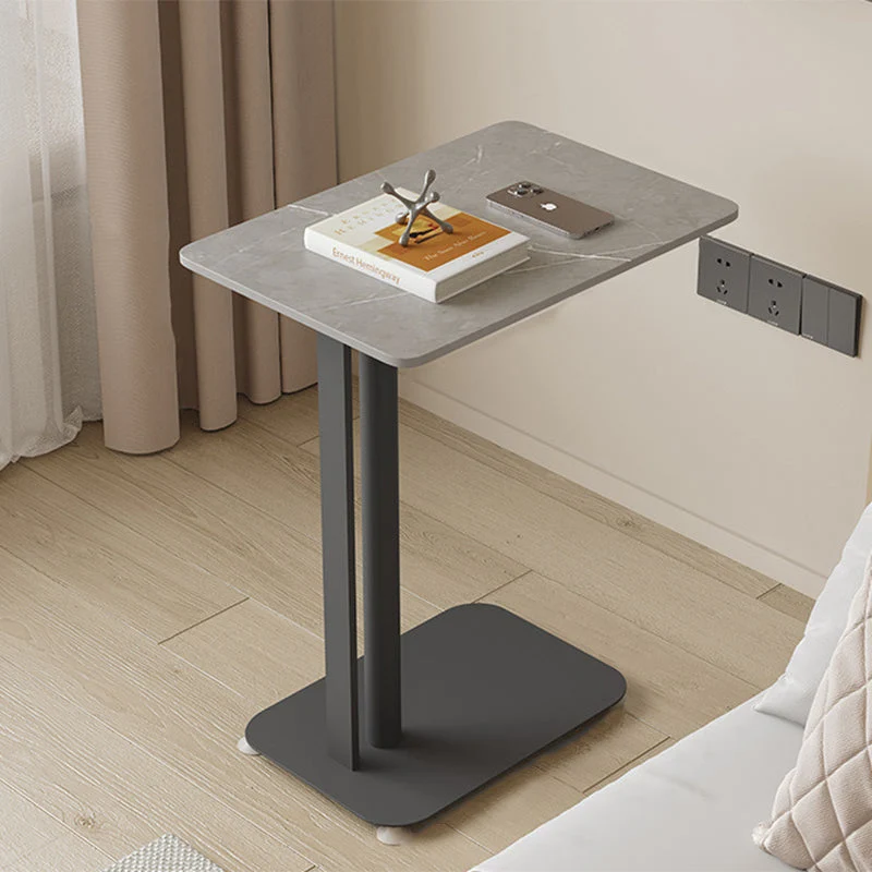 Contemporary Nordic Sintered Stone Marble Texture Rectangular Top Carbon Steel Side Table With Wheels 2-Tier For Living Room