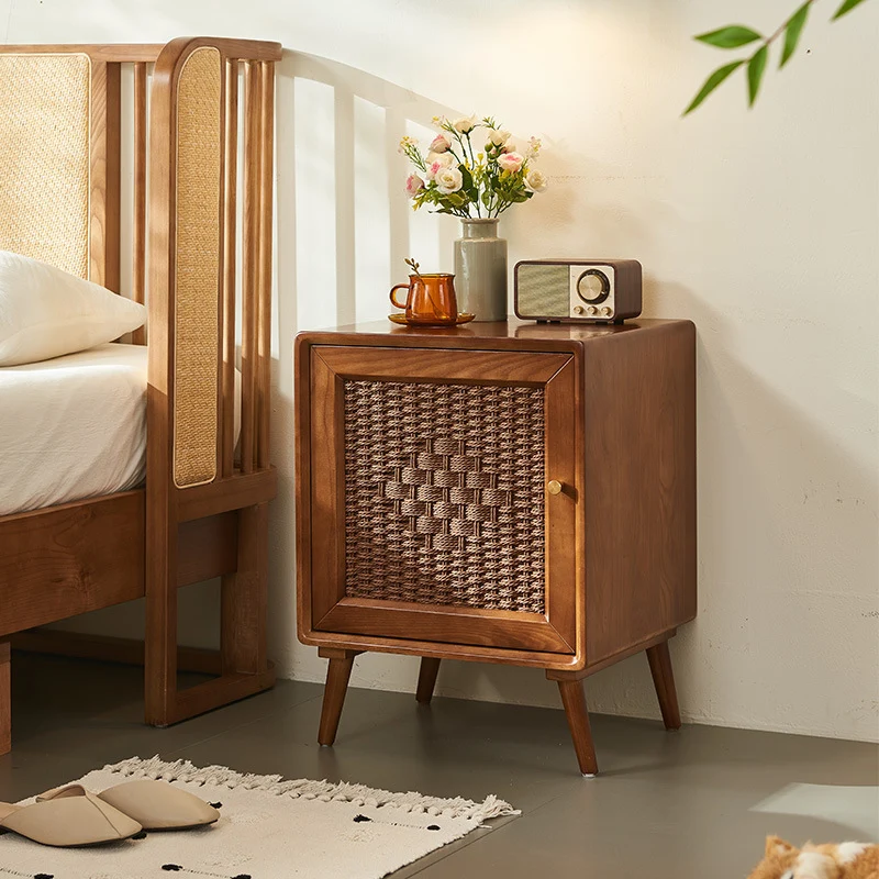 Traditional Rustic Square Ash Wood Solid Wood Plywood Rope Weaving Nightstand 2-Cabinet For Bedroom
