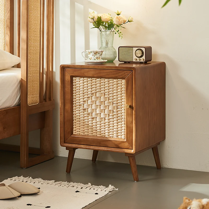 Traditional Rustic Square Ash Wood Solid Wood Plywood Rope Weaving Nightstand 2-Cabinet For Bedroom