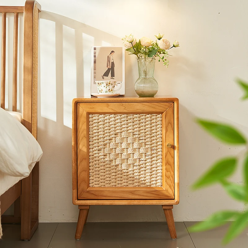 Traditional Rustic Square Ash Wood Solid Wood Plywood Rope Weaving Nightstand 2-Cabinet For Bedroom