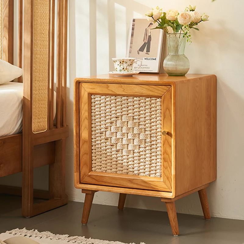 Traditional Rustic Square Ash Wood Solid Wood Plywood Rope Weaving Nightstand 2-Cabinet For Bedroom
