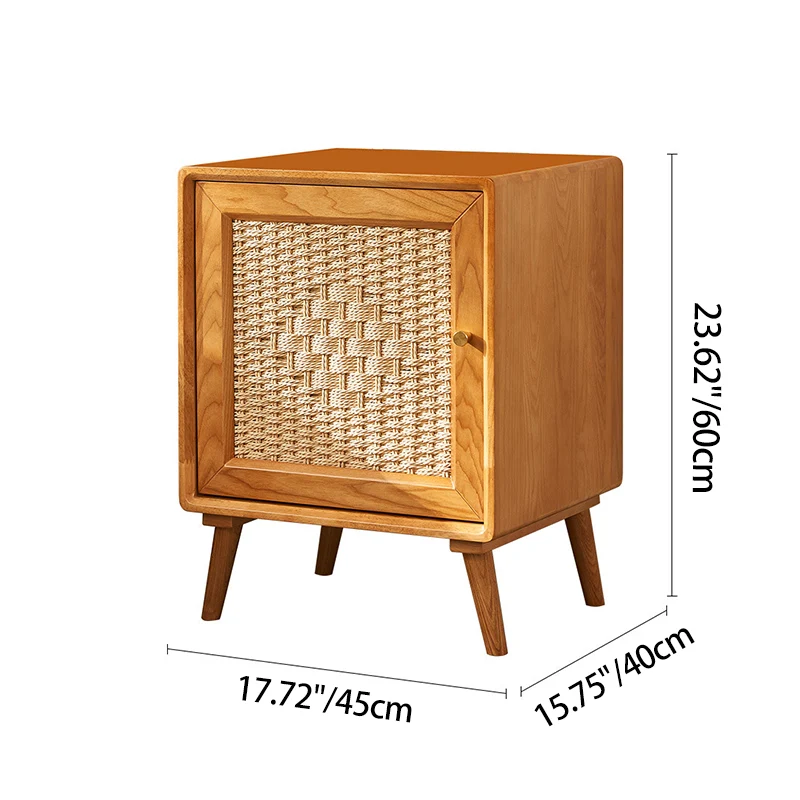 Traditional Rustic Square Ash Wood Solid Wood Plywood Rope Weaving Nightstand 2-Cabinet For Bedroom