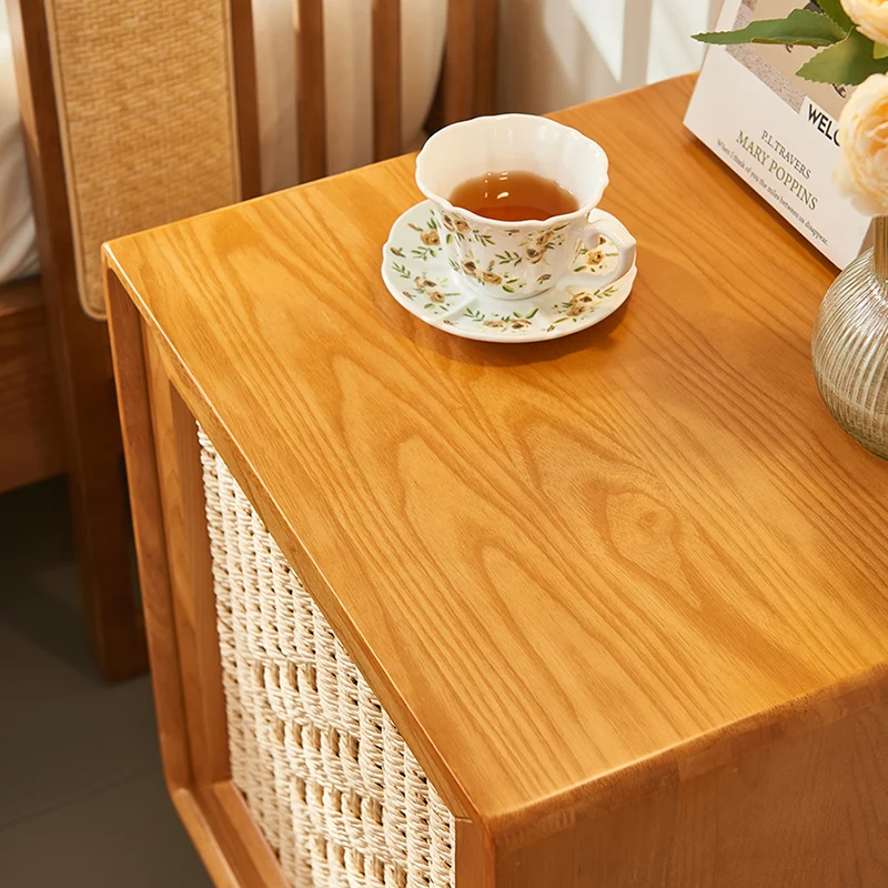 Traditional Rustic Square Ash Wood Solid Wood Plywood Rope Weaving Nightstand 2-Cabinet For Bedroom