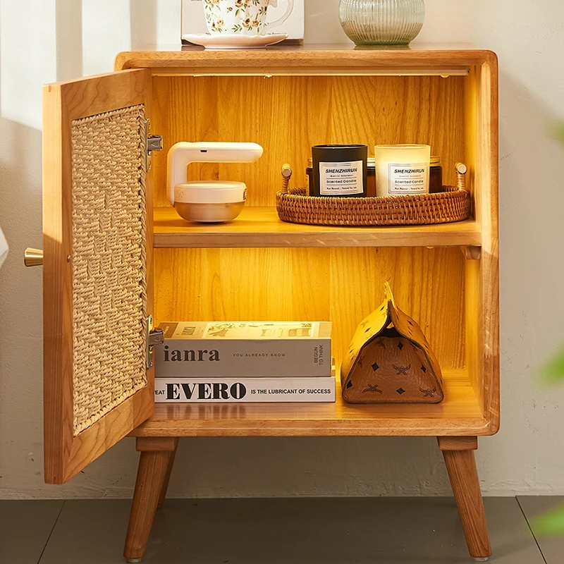 Traditional Rustic Square Ash Wood Solid Wood Plywood Rope Weaving Nightstand 2-Cabinet For Bedroom